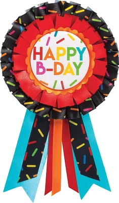 Multicolor Sprinkles Happy B-Day Fabric & Plastic Award Ribbon, 3in x 6.25in