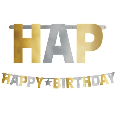 Giant Metallic Gold & Silver Happy Birthday Banner