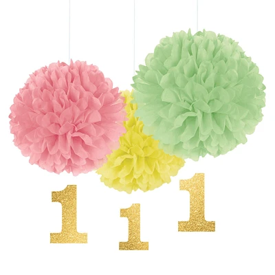 Pastel 1st Birthday Tissue Pom-Poms with Glitter Cutouts 3ct