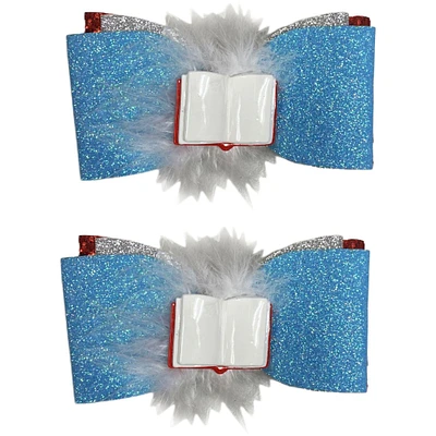 Blue, Red & White Glitter Book Charm Hair Bow Clips, 2ct