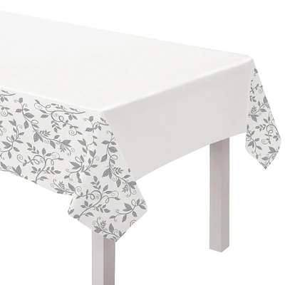 Silver & White 25th Anniversary Plastic Table Cover, 54in x 102in