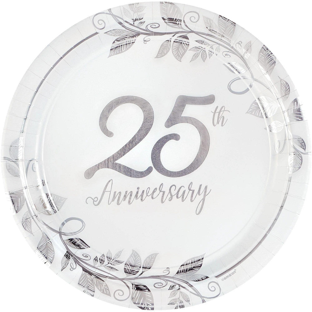Metallic Silver Happy 25th Anniversary Paper Dinner Plates, 10.5in, 8ct