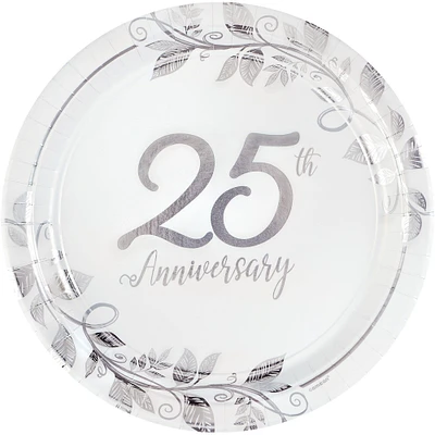 Metallic Silver Happy 25th Anniversary Paper Dinner Plates, 10.5in, 8ct