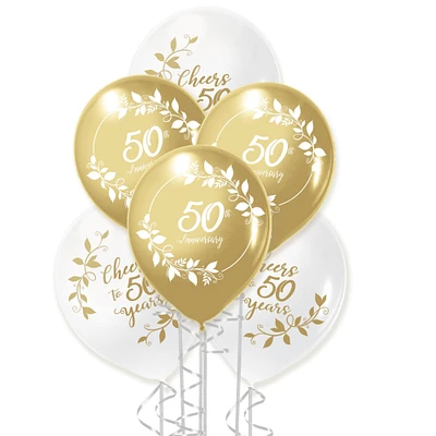 Gold & White 50th Anniversary Latex Balloons, 12in, 15ct
