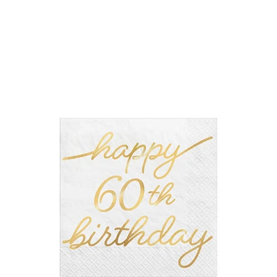 Metallic Golden Age Happy 60th Birthday Paper Beverage Napkin, 5in, 16ct