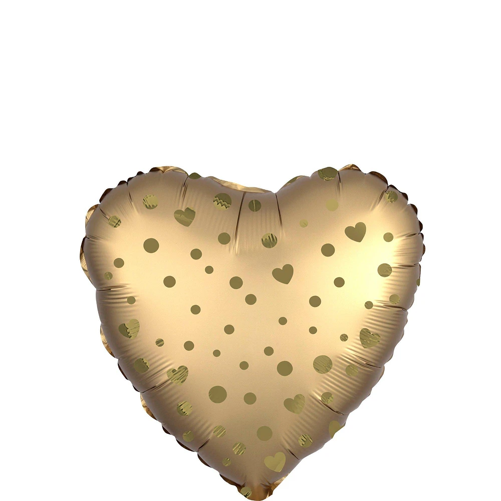 Air-Filled Gold Dot & Heart Satin Foil Balloon, 13in x 14in