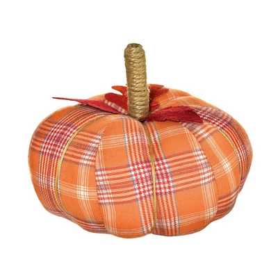 Orange Plaid Natural & Fabric Fall Pumpkin Decoration, 8in x 6in