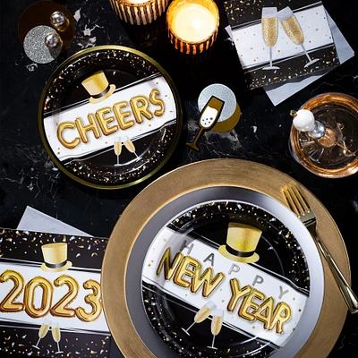 Cheers New Year's Eve Paper Dessert Plates, 6.75in, 50ct - Pop, Clink, Cheers