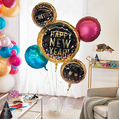 Colorful Confetti Happy New Year Foil Balloon Bouquet, 5pc