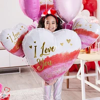 Pink & Gold Watercolor Geode I Love You Heart Foil Balloon, 28in