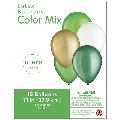 15ct, 11in, St. Patrick's Day 5-Color Mix Latex Balloons - Gold, Greens & White