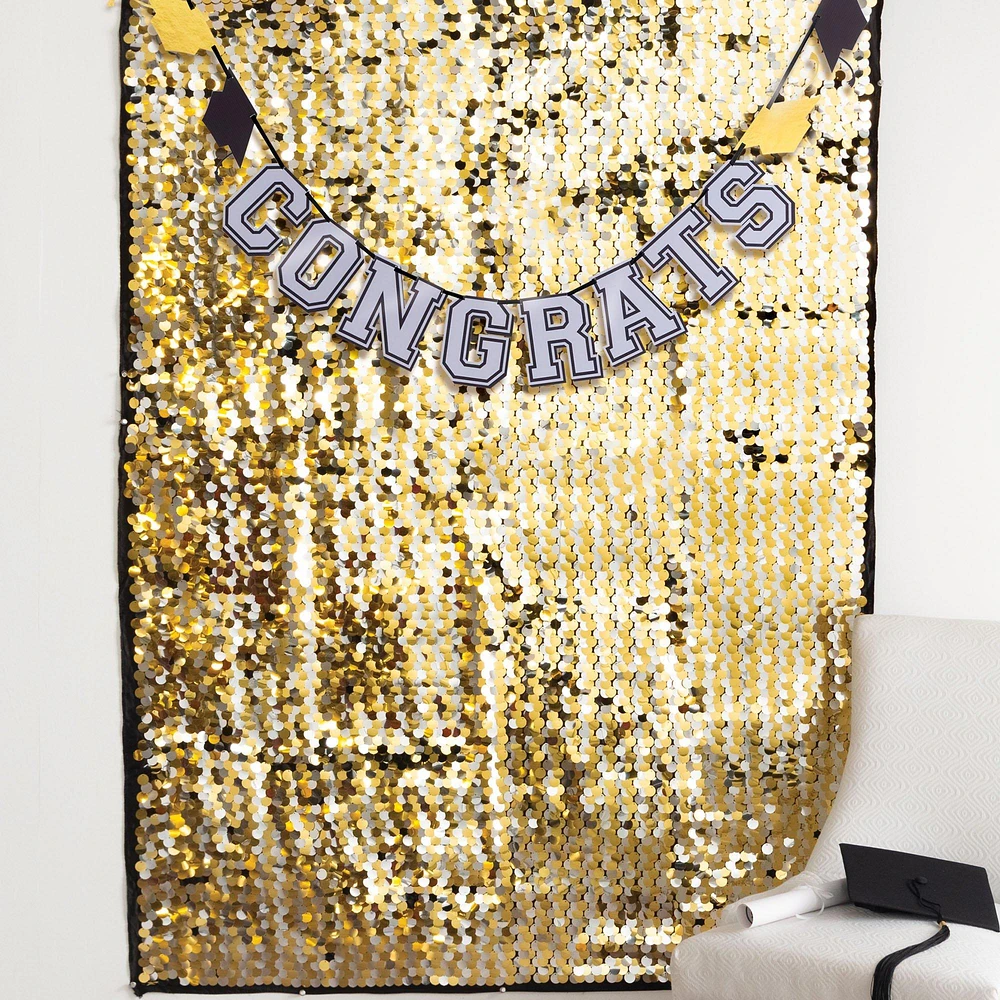 Metallic Gold & Silver Congrats Graduation Sequin Foil & Cardstock Backdrop Kit, 4ft x 6ft, 2pc