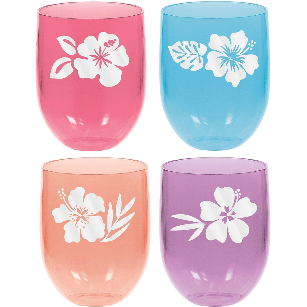 Multicolor Hibiscus Plastic Stemless Wine Glasses, 4ct