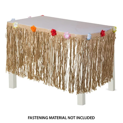 Tan Faux Grass Tissue Paper Fringe Table Skirt with Multicolor Fabric Flowers & Table Cover Clips