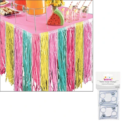 Pastel Just Chillin Faux Grass Tissue Paper Fringe Table Skirt with Table Cover Clips, 9ft x 30in