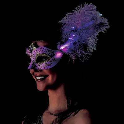 Adult Lavender & Gold Glitter Masquerade Mask with Light-Up Feathers