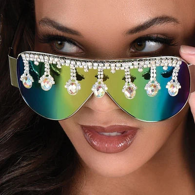 Iridescent Mirrored Shield Sunglasses with Rhinestone Trim - Festival