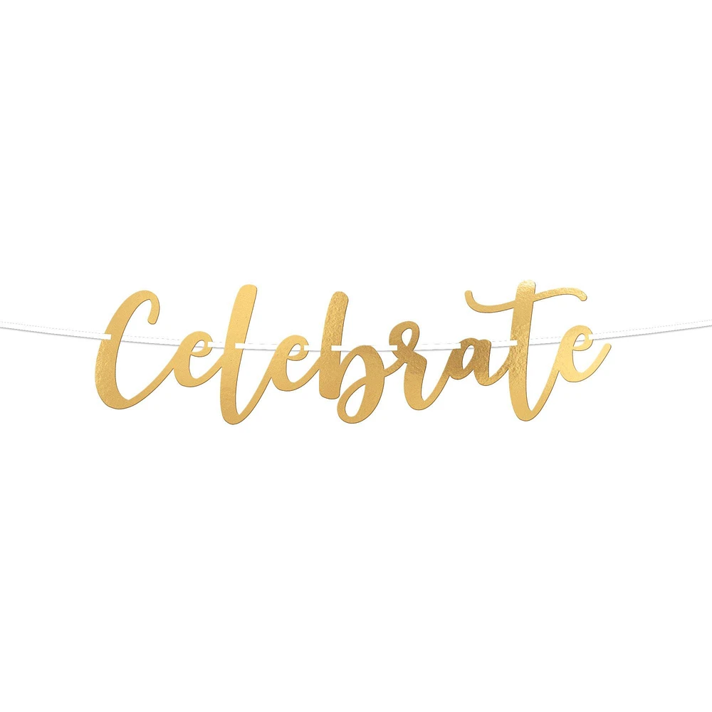 Metallic Gold Celebrate Cursive Cardstock Letter Banner, 12ft