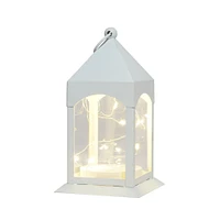 White Metal Lantern with Flickering LED Fairy Lights, 4in x 8in