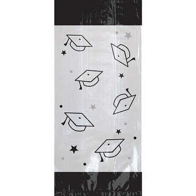 Black & Silver Mortarboard Graduation Cellophane Treat Bags, 4in x 9.5in, 20ct