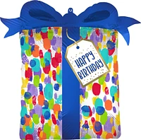 Satin Painterly Dots Happy Birthday Present-Shaped Foil Balloon, 25in x 27in