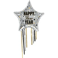 Happy New Year Star Foil Balloon (25in) with Fringe (25in) - Elegant New Year Celebration