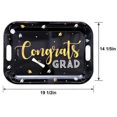 Black, Silver & Gold Congrats Grad Melamine Serving Tray with Handles, 13.5in x 19in