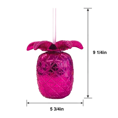 Metallic Pink Pineapple Plastic Cup with Straw, 18oz