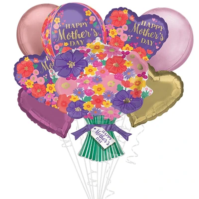 Premium Sweet Floral Happy Mother's Day Foil Balloon Bouquet with Gold Mom Balloon Weight