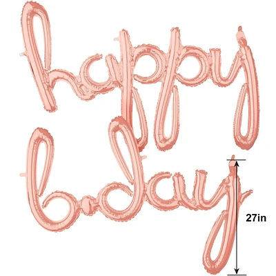Air-Filled Rose Gold Happy B-Day Cursive Letter Balloon Banners 2ct