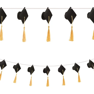 Black & Gold Grad Cap & Tassel Felt & Ribbon Garland, 9ft