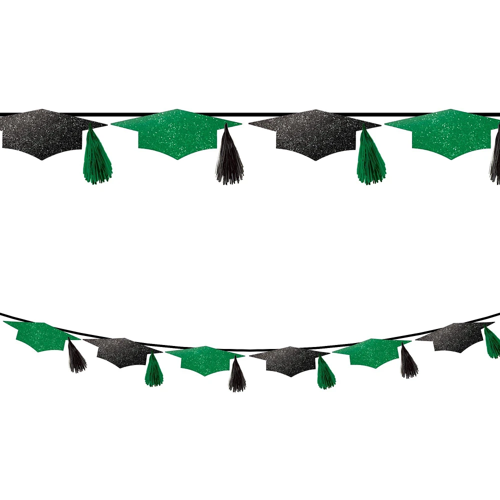 Glitter Black & Green Grad Cap Cardstock Tassel Banner, 9ft