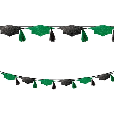 Glitter Black & Green Grad Cap Cardstock Tassel Banner, 9ft