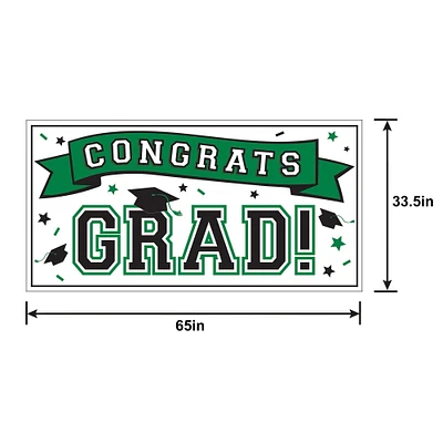 Festive Green Congrats Grad Plastic Horizontal Banner, 5.41ft x 2.79ft
