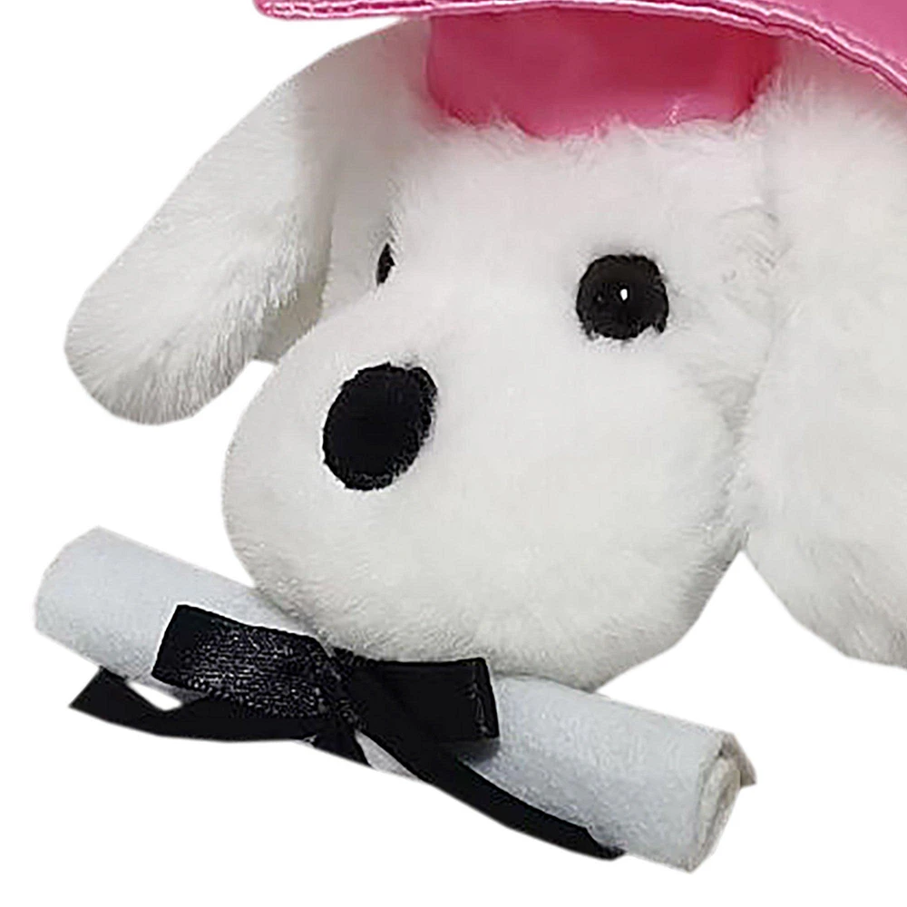 Pink Graduation Cap & Diploma Lying White Dog Plush, 8.5in