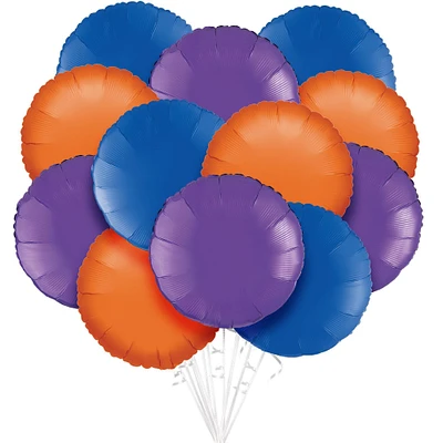 Orange, Blue, & Purple Round Foil Balloon Bouquet, 12pc