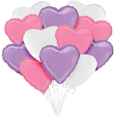 Lavender, White, & Bright Pink Heart Foil Balloon Bouquet, 12pc