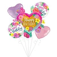 Painted Flowers Birthday Foil Balloon Bouquet, 5pc