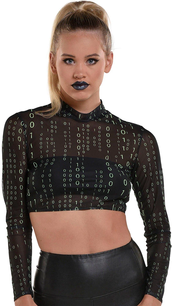 Adult Sheer Black Binary-Print Mock Neck Cropped Mesh Long Sleeve Top