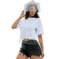 Crop Top T-Shirt with Rhinestone Fringe