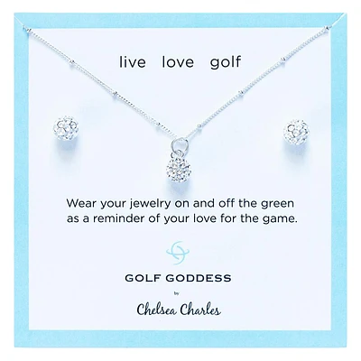 Golf Goddess Silver Golf Ball Necklace and Earrings Gift Set