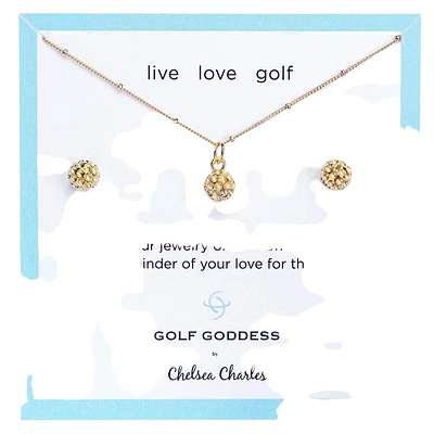 Golf Goddess Gold Golf Ball Necklace and Earrings Gift Set