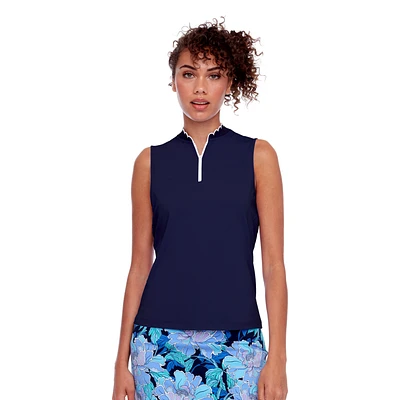 Scalloped Edge Performance Quarter Zip Sleeveless Top