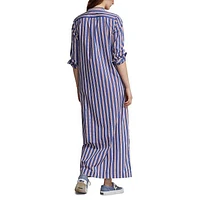 Women's Striped Cotton Long Sleeve Shirt Dress
