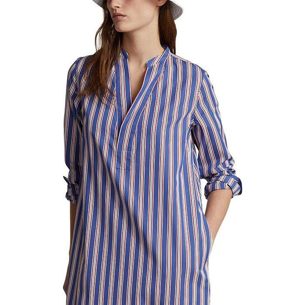 Women's Striped Cotton Long Sleeve Shirt Dress