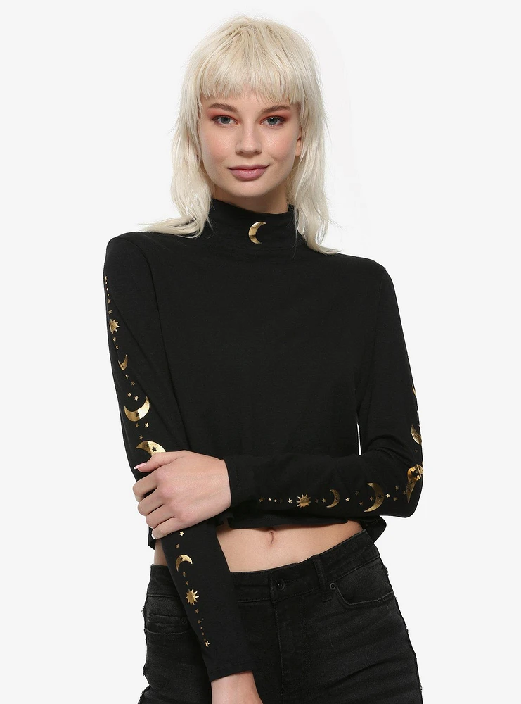 Black & Gold Moon Mock Neck Girls Long-Sleeve T-Shirt