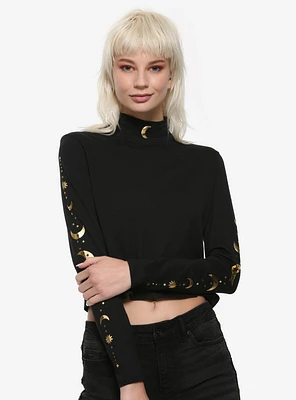 Black & Gold Moon Mock Neck Girls Long-Sleeve T-Shirt