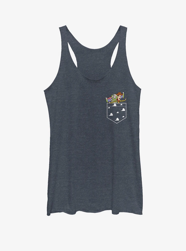 Disney Pixar Toy Story Buzz and Woody Flying Faux Pocket Girls Tank