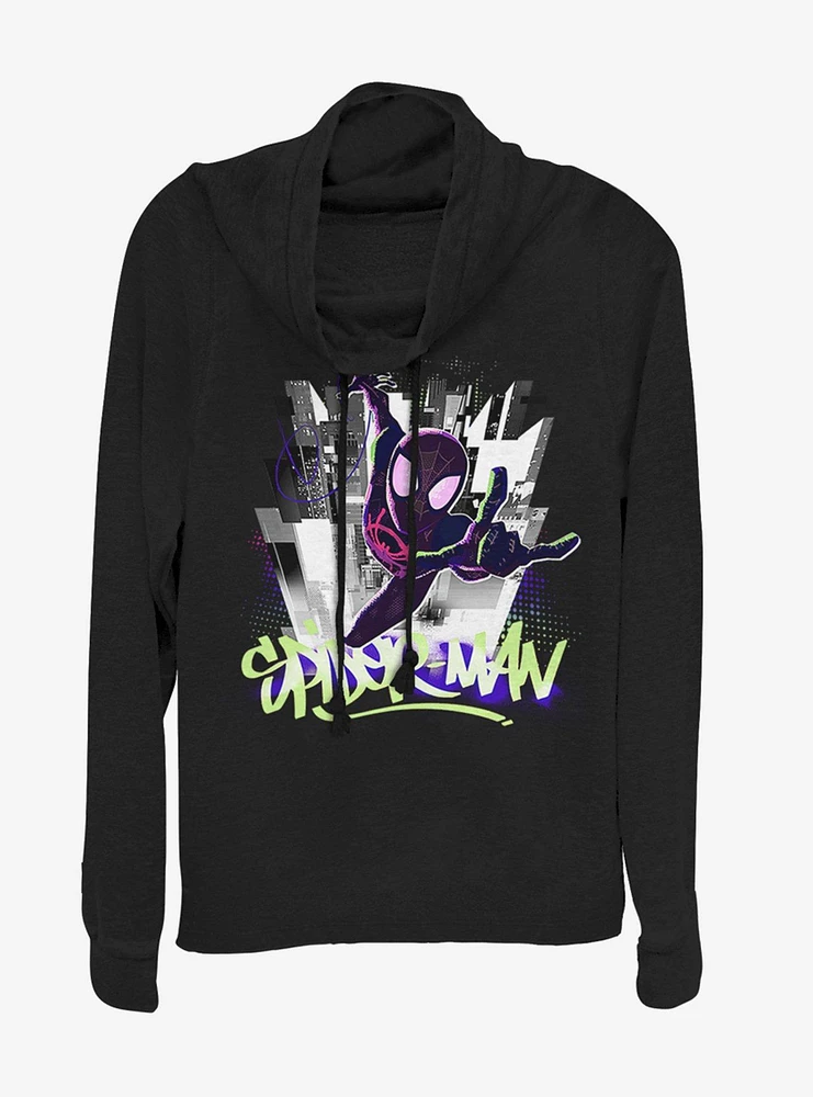 Marvel Spider-Man Brooklyn Graffiti Cowlneck Long-Sleeve Womens Top