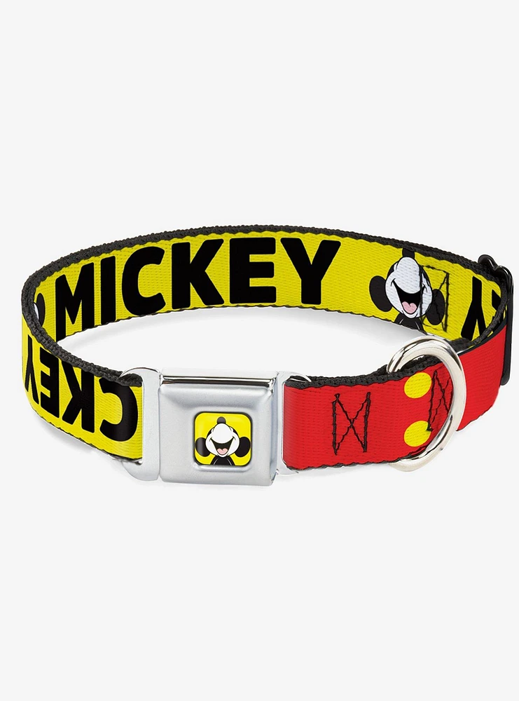 Disney Mickey Smiling Up Pose Flip Buttons Yellow Black Red Seatbelt Buckle Dog Collar